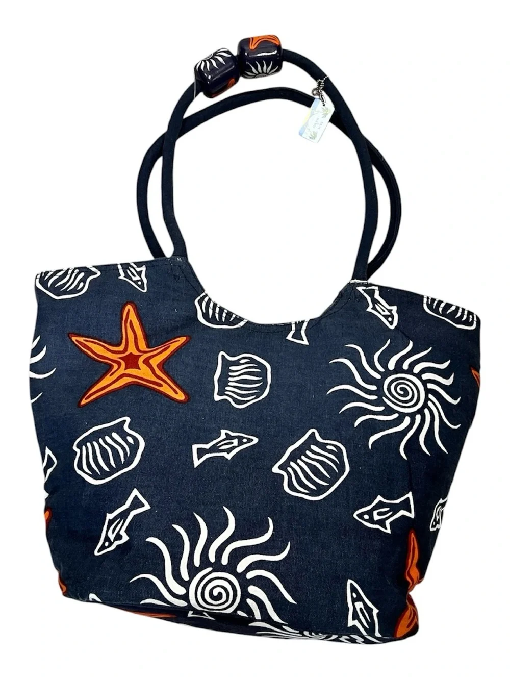 Sun N Sand Navy Beach Tote with Orange Starfish and White Shell Print